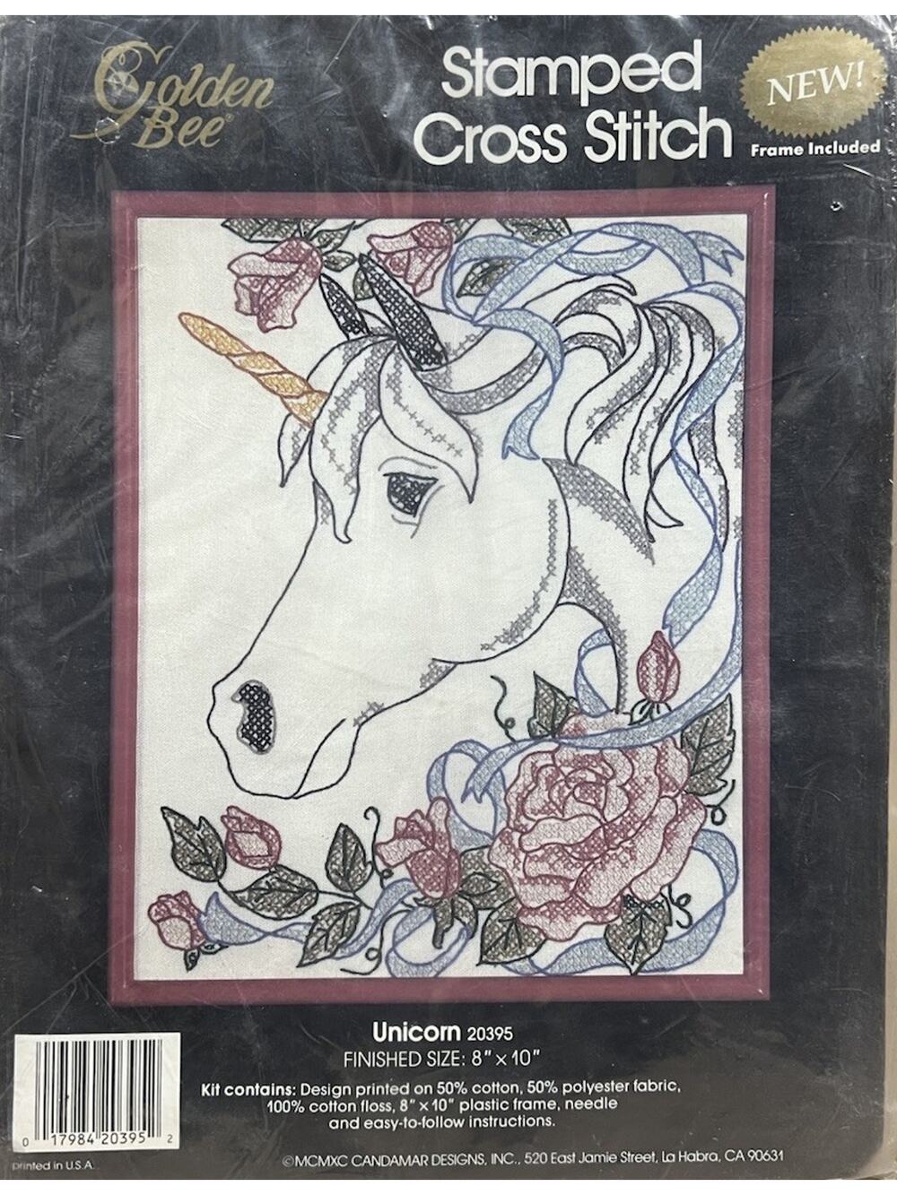 Vtg Golden Bee UNICORN 8"x10" stamped cross stitch embroidery kit 20395 AS IS